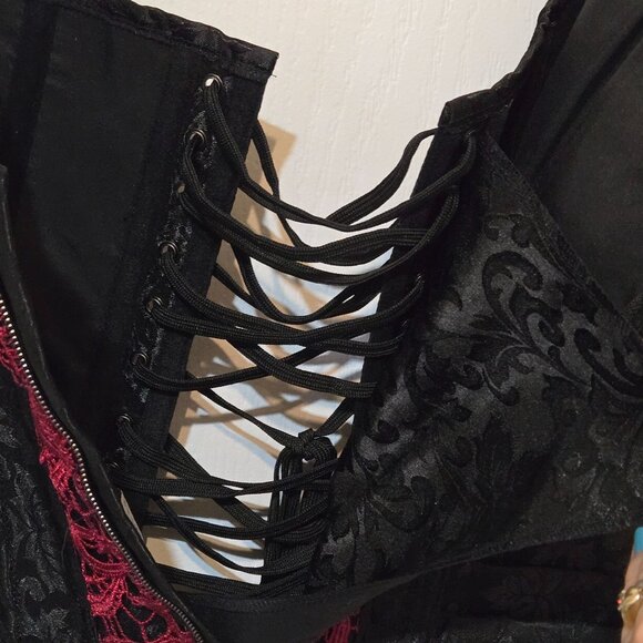 Gothic Brocade Lace-Up Corset Steampunk Black & Red Victorian Front Zipper XL - Picture 11 of 11
